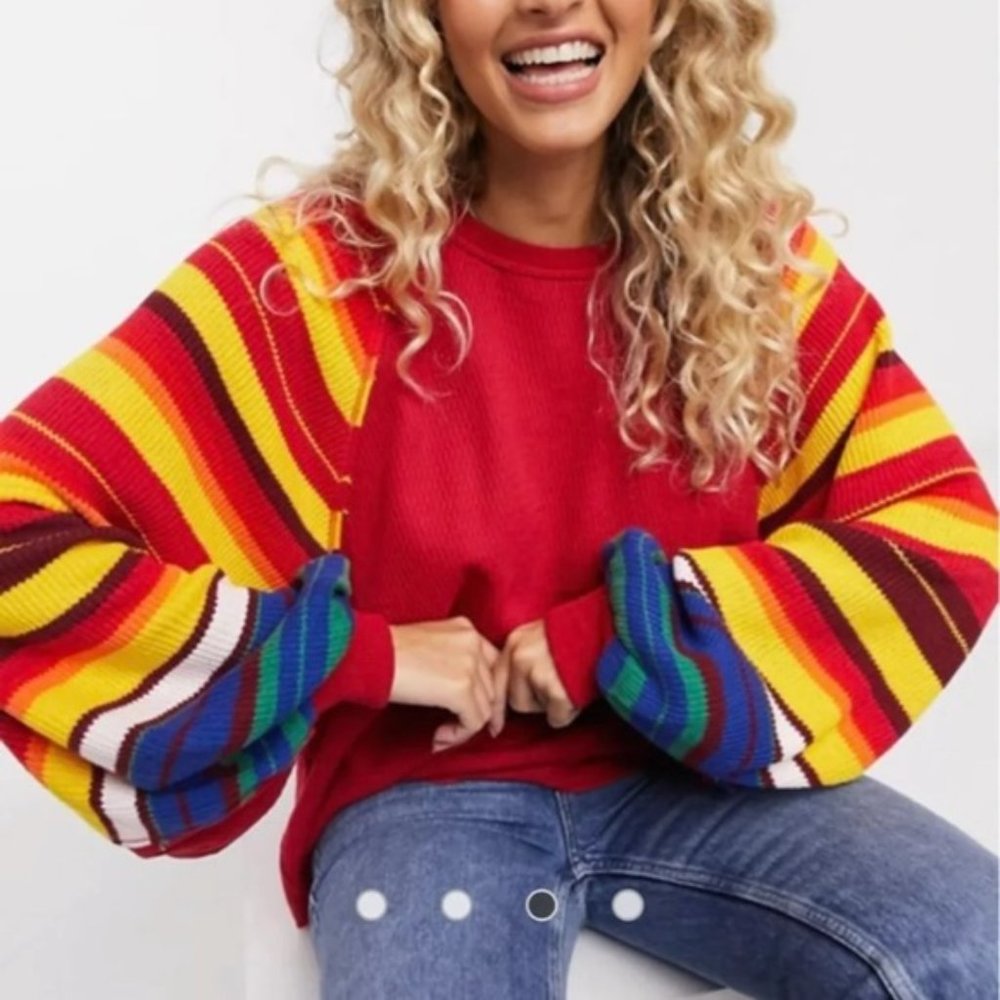 We The Free / Free People Rainbow Dreams Sweater In Red Combo Size Woman's XL